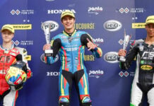 American Julian Correa (center) won British Talent Cup Race Two over runner-up Filip Surowiak (left) and third-place finisher Amanuel Brinton (right). Photo by Cami Photography, courtesy Michael Correa.