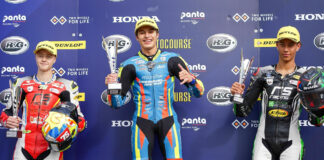 American Julian Correa (center) won British Talent Cup Race Two over runner-up Filip Surowiak (left) and third-place finisher Amanuel Brinton (right). Photo by Cami Photography, courtesy Michael Correa.