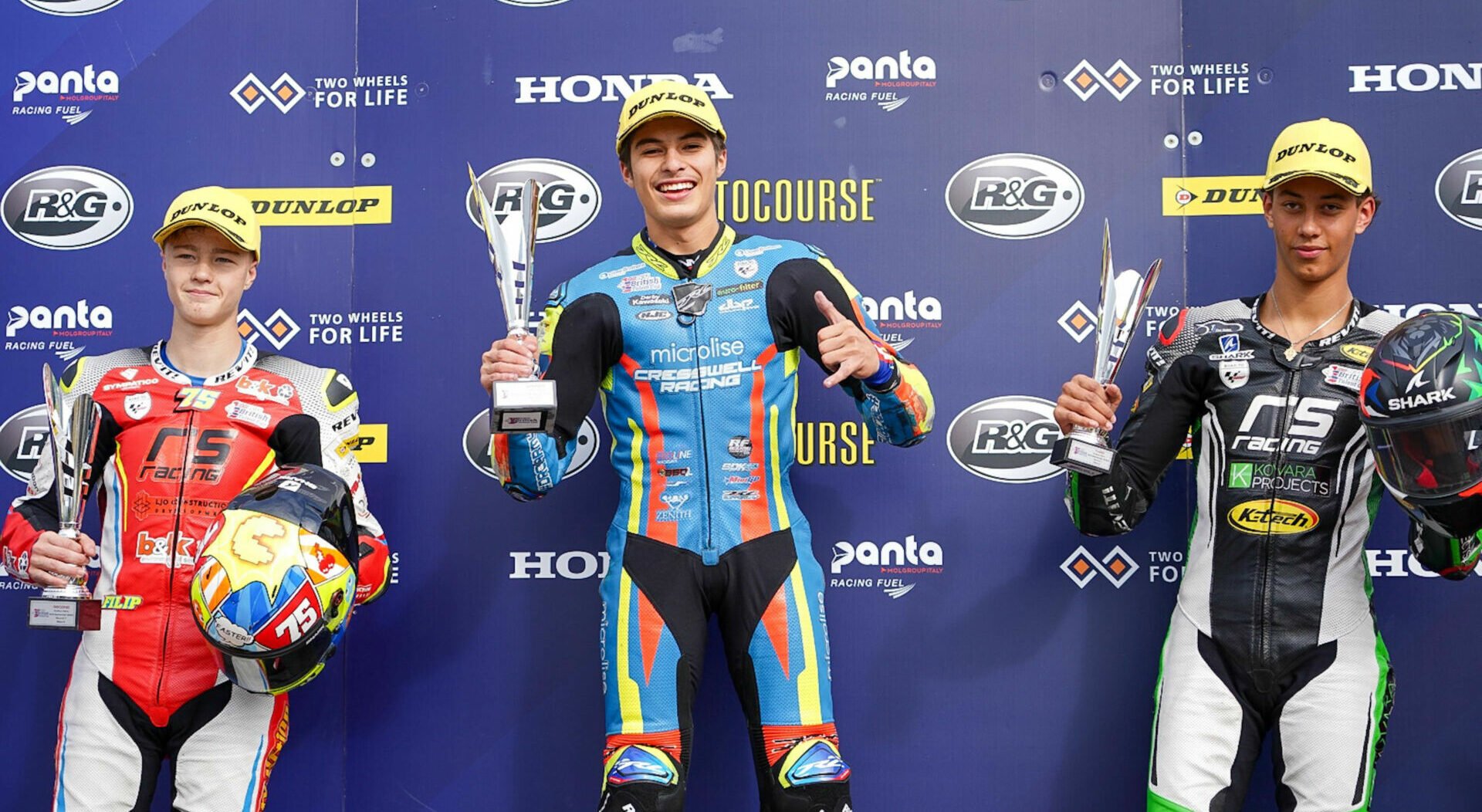 American Julian Correa (center) won British Talent Cup Race Two over runner-up Filip Surowiak (left) and third-place finisher Amanuel Brinton (right). Photo by Cami Photography, courtesy Michael Correa.