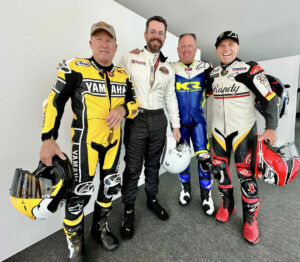 Brian Case with Kenny Leroy Roberts (a.k.a. Sr.), Kenny Lee Roberts (a.k.a. Jr.), and Randy Mamola at Goodwood earlier this year. World Champions Kenny Sr. and Kenny Jr. are both at the Barber Vintage Festival.Photo courtesy Barber Motorsports Museum.