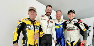 Brian Case with Kenny Leroy Roberts (a.k.a. Sr.), Kenny Lee Roberts (a.k.a. Jr.), and Randy Mamola at Goodwood earlier this year. World Champions Kenny Sr. and Kenny Jr. are both at the Barber Vintage Festival. Photo courtesy Barber Motorsports Museum.