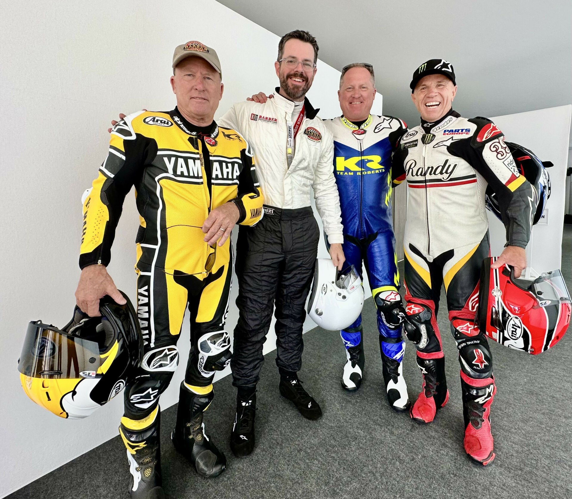 Brian Case with Kenny Leroy Roberts (a.k.a. Sr.), Kenny Lee Roberts (a.k.a. Jr.), and Randy Mamola at Goodwood earlier this year. Photo courtesy Barber Motorsports Museum.