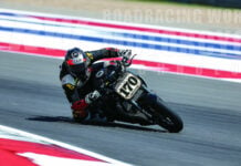 Hunter Dunham (170) raced a Ducati Streetfighter in a 2025-eligibility test for the performance-balanced Super Hooligan class. Sam Fleming joined the Tampa Ducati crew for races at COTA and rode the bike afterwards. Photo by Brian J. Nelson.