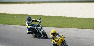 King Kenny Roberts (1) rode his 1980 Yamaha YZR500 at Barber Motorsports Park, with his son Kenny following on a Zero SRF electric camera bike.