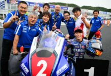 Yuki Okamoto and his team celebrate his fourth Japanese Superbike win of the 2024 season. Photo by Kohei Hirota.