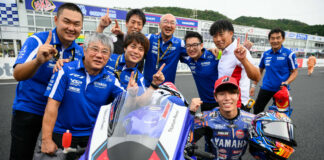 Yuki Okamoto and his team celebrate his fourth Japanese Superbike win of the 2024 season. Photo by Kohei Hirota.