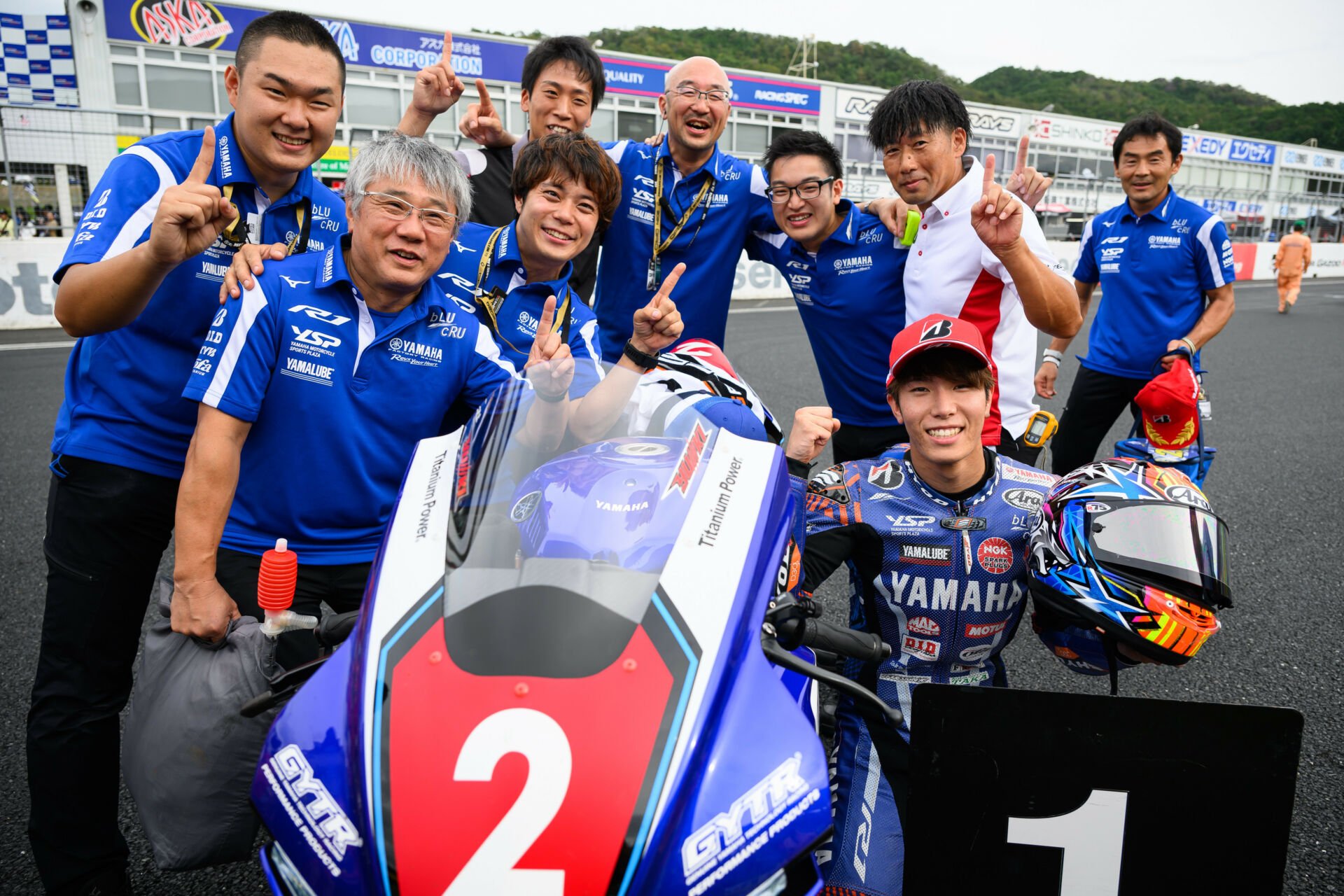 Yuki Okamoto and his team celebrate his fourth Japanese Superbike win of the 2024 season. Photo by Kohei Hirota.