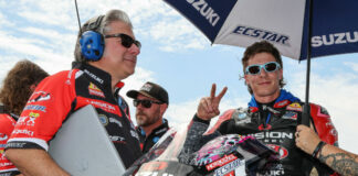 Ben Fox (left) on the grid with MotoAmerica Superbike racer Brandon Paasch at Circuit Of The Americas. Photo by Brian J. Nelson.