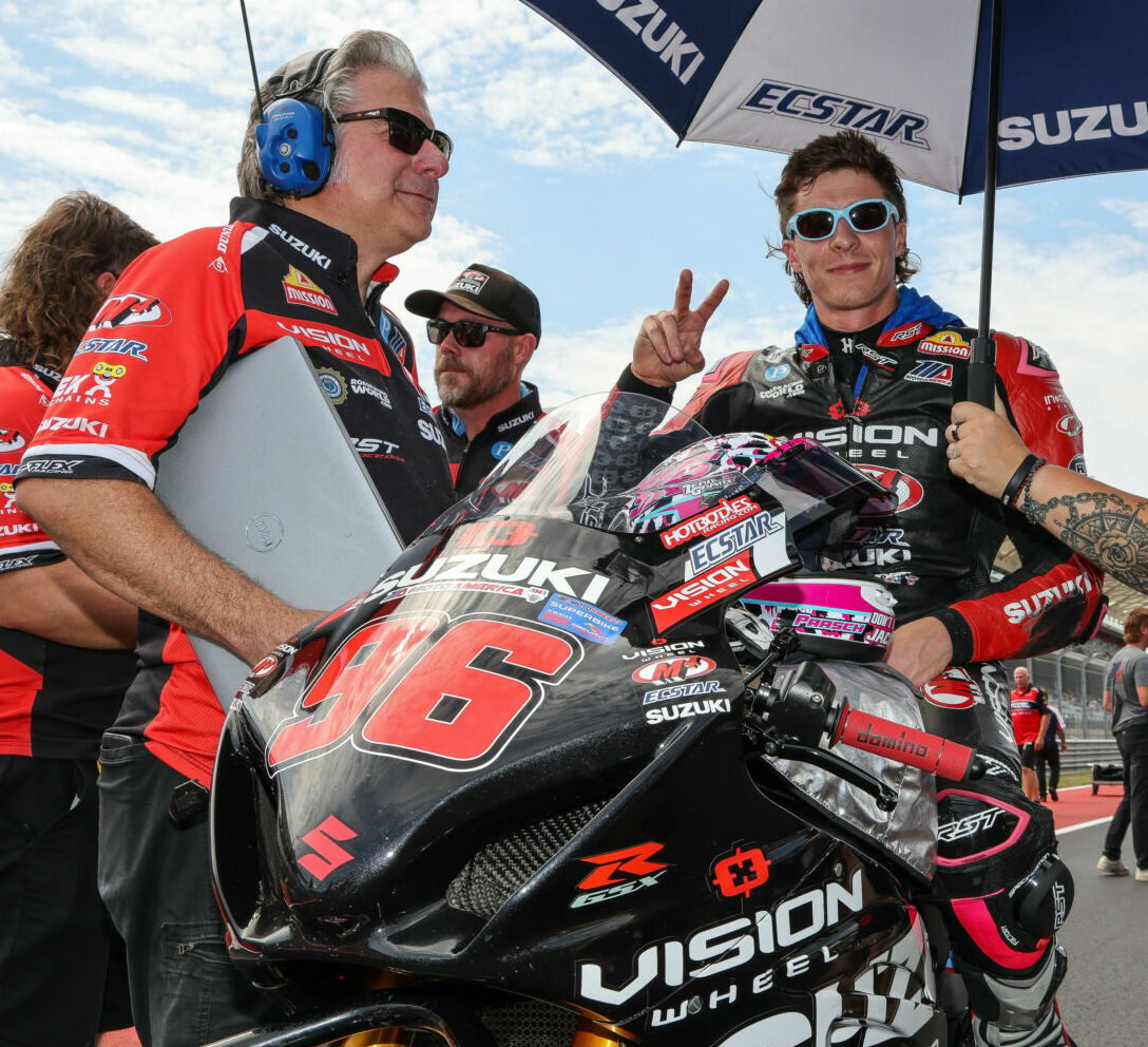 Ben Fox (left) on the grid with MotoAmerica Superbike racer Brandon Paasch at Circuit Of The Americas. Photo by Brian J. Nelson.