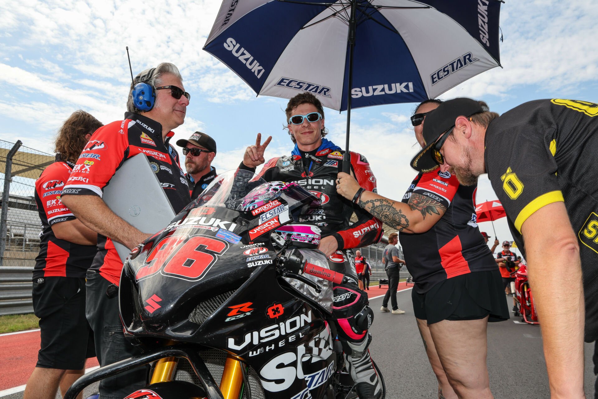 Ben Fox (left) on the grid with MotoAmerica Superbike racer Brandon Paasch at Circuit Of The Americas. Photo by Brian J. Nelson.