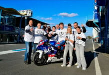 2024 Dutch Supersport Champion Maik Duin poses with the Racing Team Rijssen crew and winning Suzuki GSX-R750. Photo by Jan Timmerman/JTS Photography, courtesy Racing Team Rijssen .