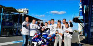 2024 Dutch Supersport Champion Maik Duin poses with the Racing Team Rijssen crew and winning Suzuki GSX-R750. Photo by Jan Timmerman/JTS Photography, courtesy Racing Team Rijssen .