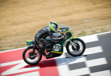 Rob Hall (127) in an AHRMA Vintage Cup Race featuring 350cc GP at New Jersey Motorsports Park. Photo by Craig Chawla/courtesy AHRMA.