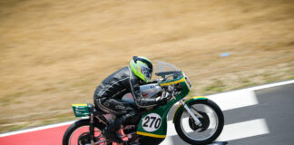 Rob Hall (127) in an AHRMA Vintage Cup Race featuring 350cc GP at New Jersey Motorsports Park. Photo by Craig Chawla/courtesy AHRMA.