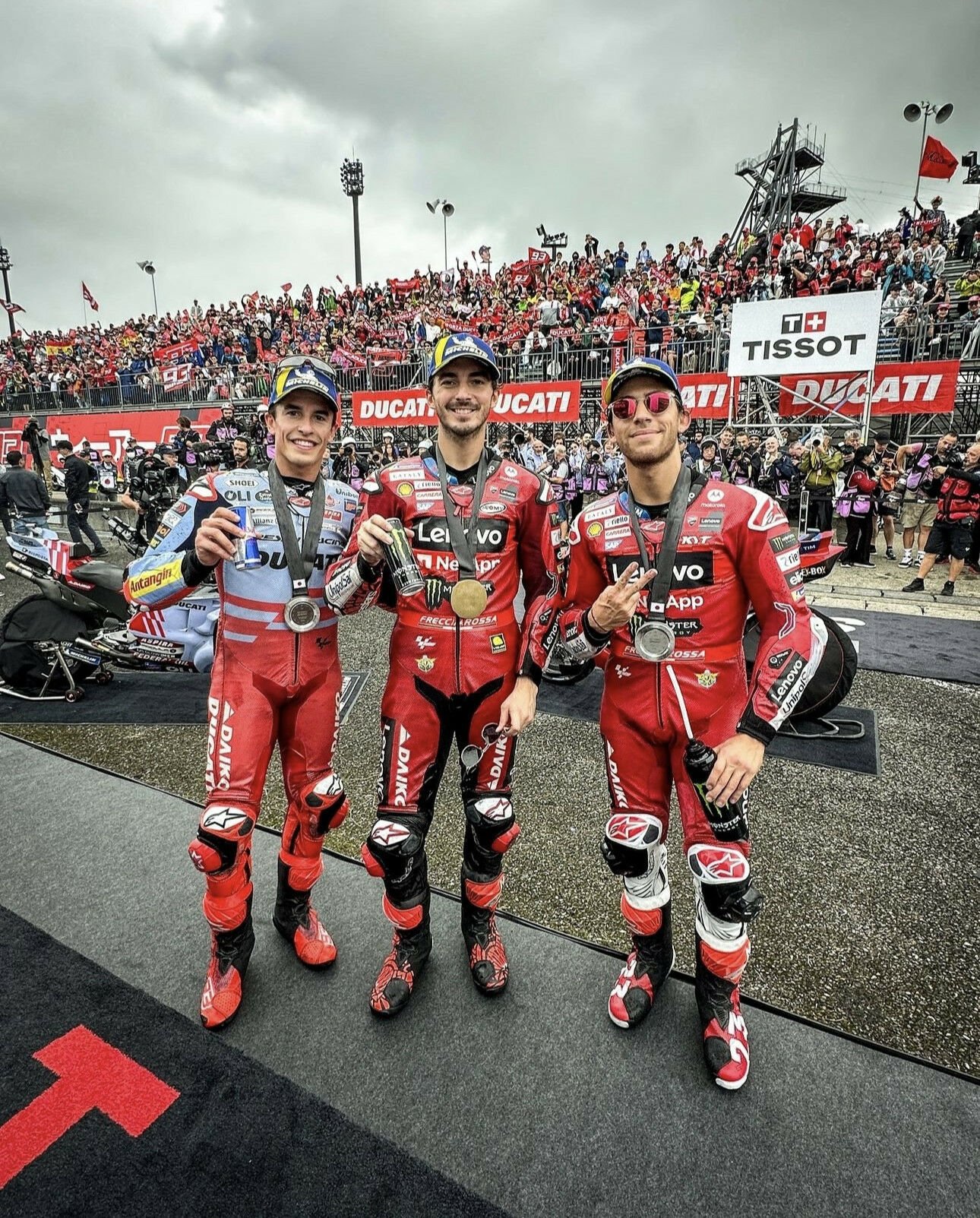 Tissot Sprint Race Podium. Marquez (on the left), Bagnaia (in the middle) and Bastianini (on the right). Photo courtesy Dorna.