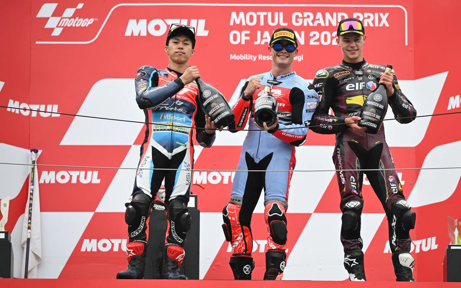 Podium picture. Ai Ogura (on the left), Manuel Gonzalez (in the middle) and Filip Salac (on the right). Photo courtesy Dorna. 