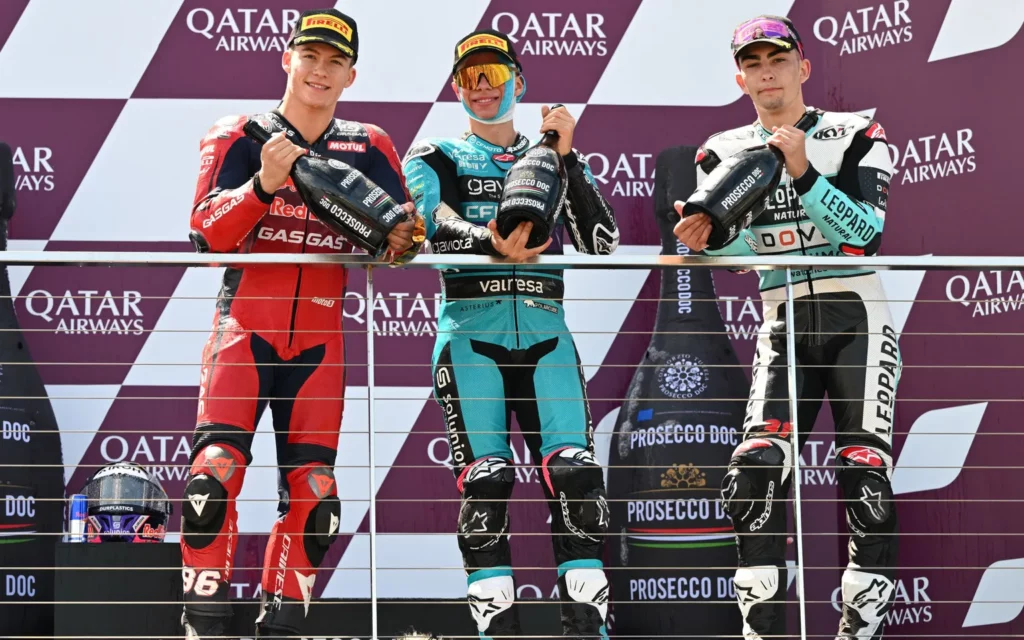 Podium picture with Holgado (on the left), Alonso (in the middle), Fernandez (on the right). Photo courtesy Dorna. 