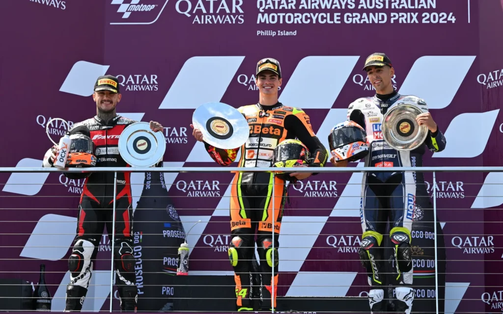 Podium picture with Canet (on the left), Aldeguer (in the middle) and Agius (on the right). Photo courtesy Dorna. 