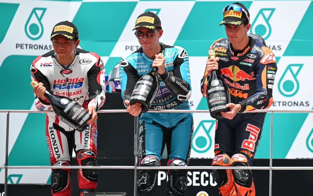 Podium in Sepang. Furusato (on the left), Alonso (in the middle) and Rueda (on the right). Photo courtesy Dorna. 