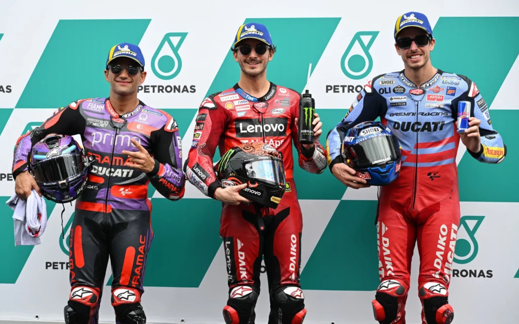 Font row qualifiers: Martin (on the left), Bagnaia (in the middle) and A.Marquez (on the right). Photo courtesy Dorna. 