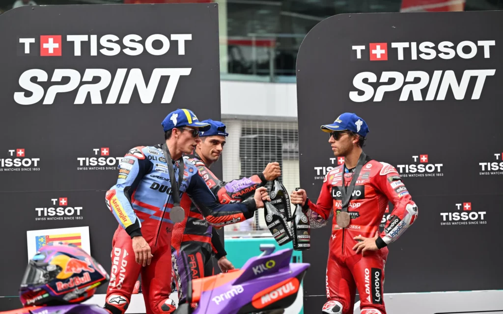 Tissot Sprint Race podium with Marquez, Martin and Bastianini. Photo courtesy Dorna.