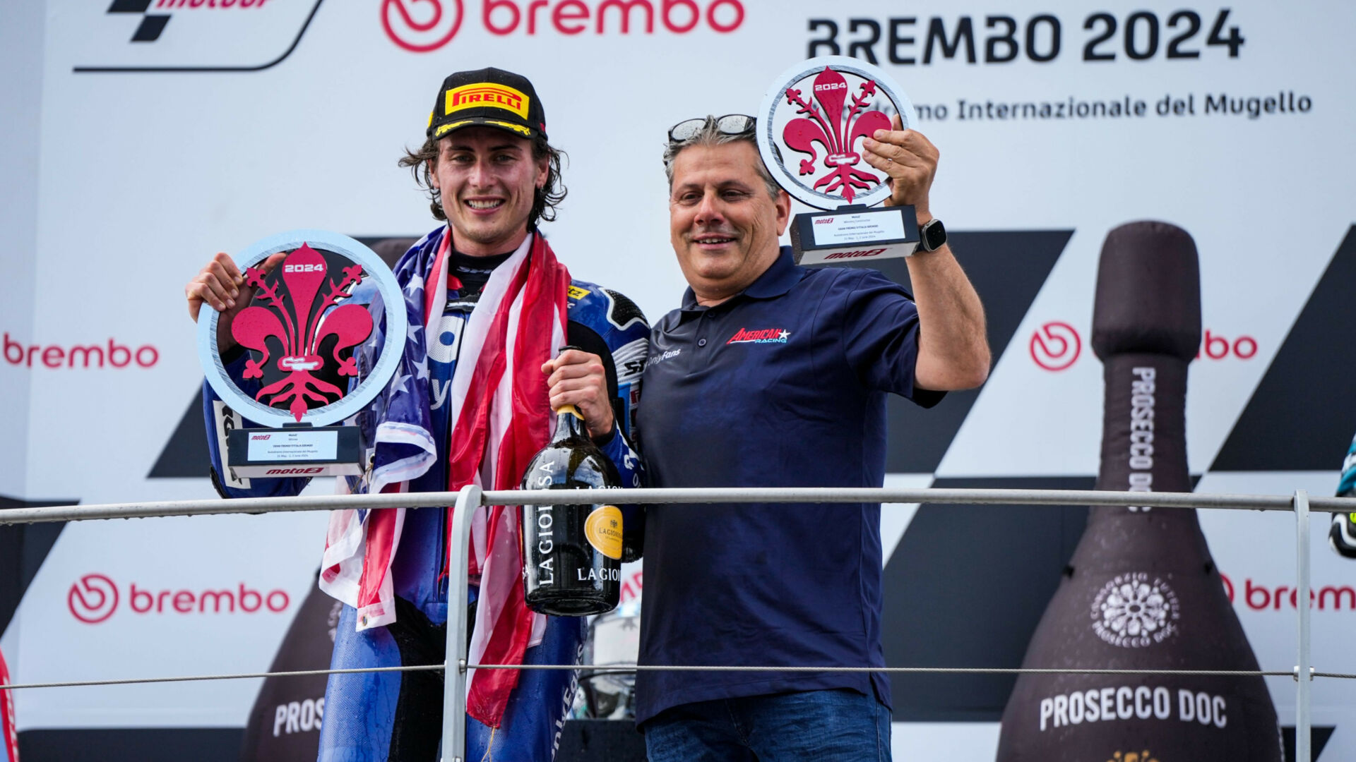 Joe Roberts and Eitan Butbul on the podium in Italy, Mugello. Photo courtesy American Racing Team.