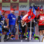 Moto2 World Champion and MotoGP race winner Johann Zarco does his signature victory backflip after winning at the Suzuki 8 Hours. Photo courtesy EWC.