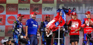 Moto2 World Champion and MotoGP race winner Johann Zarco does his signature victory backflip after winning at the Suzuki 8 Hours. Photo courtesy EWC.