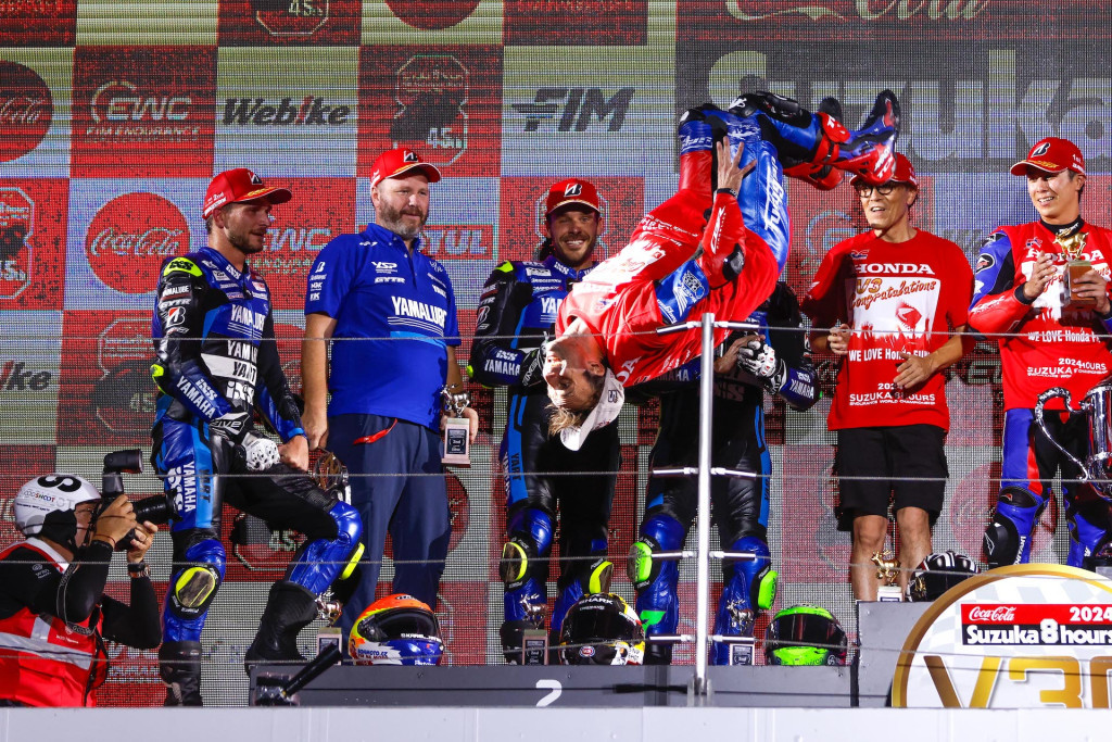 Moto2 World Champion and MotoGP race winner Johann Zarco does his signature victory backflip after winning at the Suzuki 8 Hours. Photo courtesy EWC.