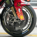 The front end of a Ducati Lenovo MotoGP racebike, featuring Brembo finned discs and advanced calipers; a forged magnesium wheel from Brembo subsidiary Marchesini; and front forks from Brembo subsidiary Ohlins. Brembo photo.