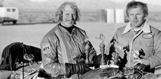 Tony Murphy (right) and WERA 24-hour race teammate Steve Peterman pose after a race weekend at Las Vegas, in November 1976. Peterman rode his Triumph Trident from Los Angeles to Las Vegas and back. Photo by John Ulrich, copyright 2011 Roadracing World Publishing, Inc.