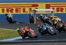 Alvaro Bautista (19), Scott Redding (45), Danilo Petrucci (9), Andrea Iannone (29) and Andrea Locatelli (55) At Phillip Island, in Australia. Photo courtesy WSBK.COM