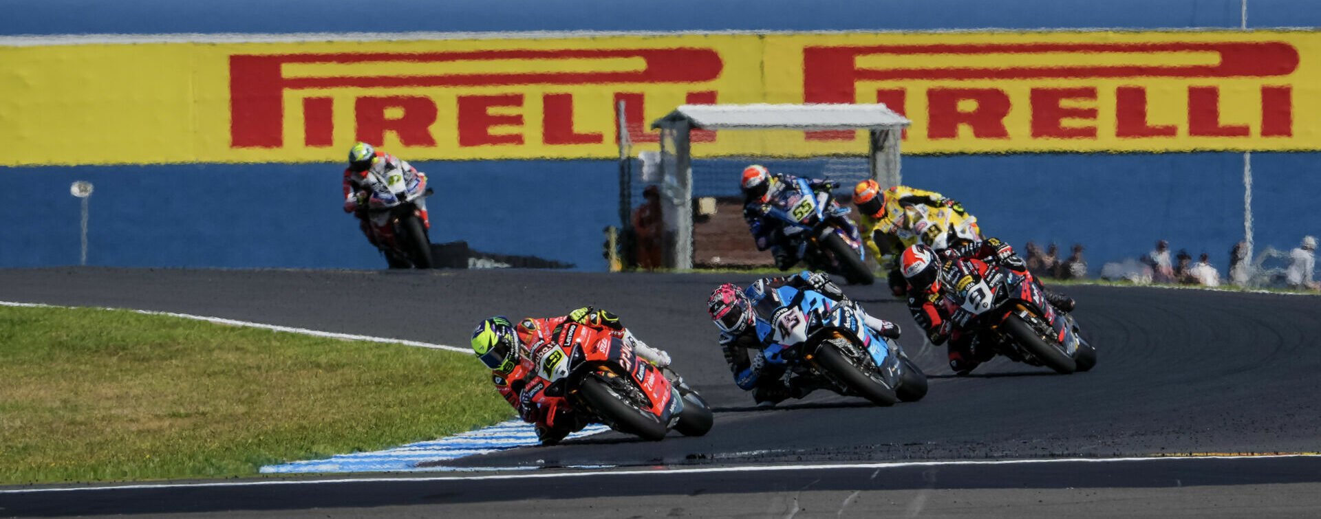 Alvaro Bautista (19), Scott Redding (45), Danilo Petrucci (9), Andrea Iannone (29) and Andrea Locatelli (55) At Phillip Island, in Australia. Photo courtesy WSBK.COM