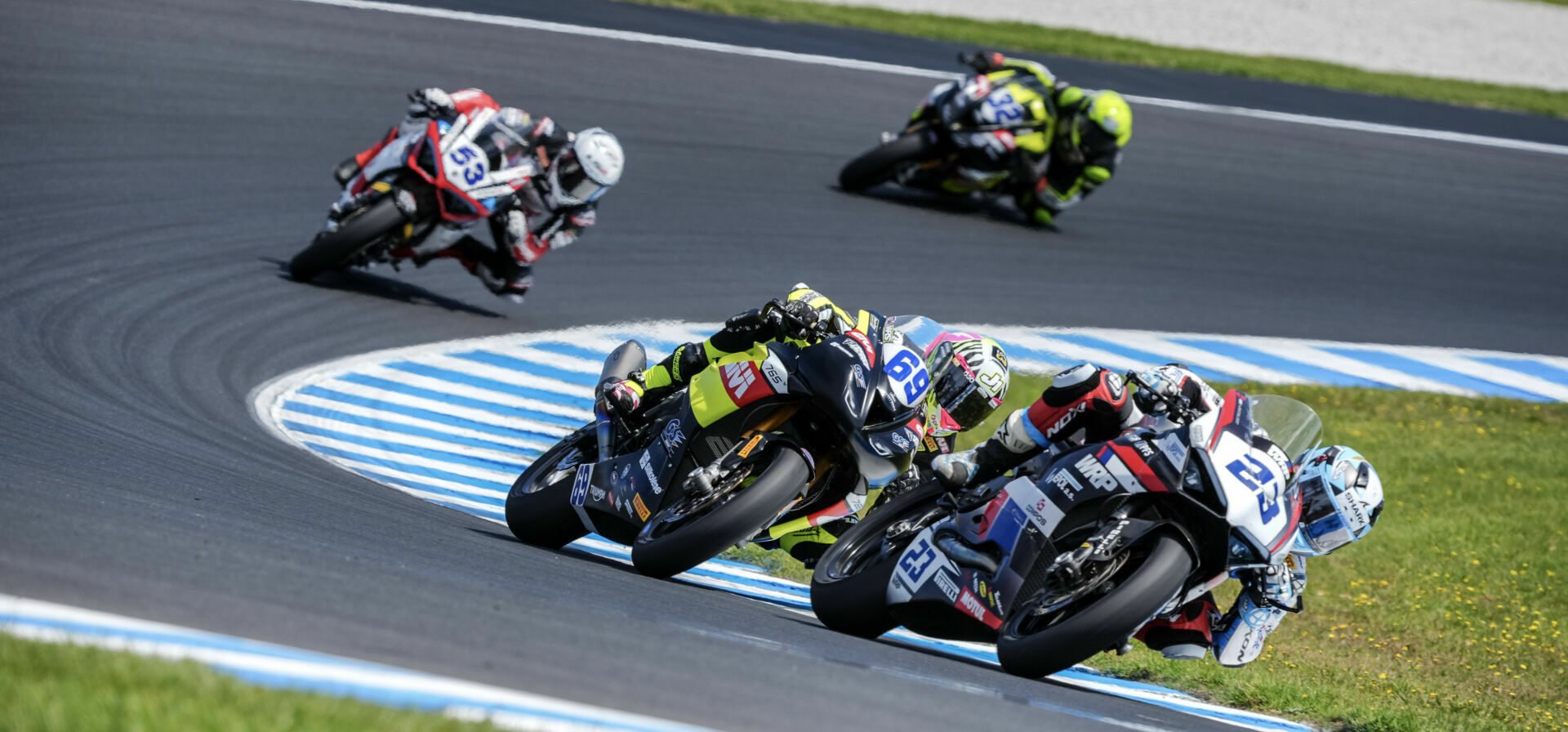 Marcel Schroetter (23), Tom Booth-Amos (69), Valentin Debise (53) and Oliver Bayliss (32) At Phillip Island, Race 1. Photo courtesy WSBK.com