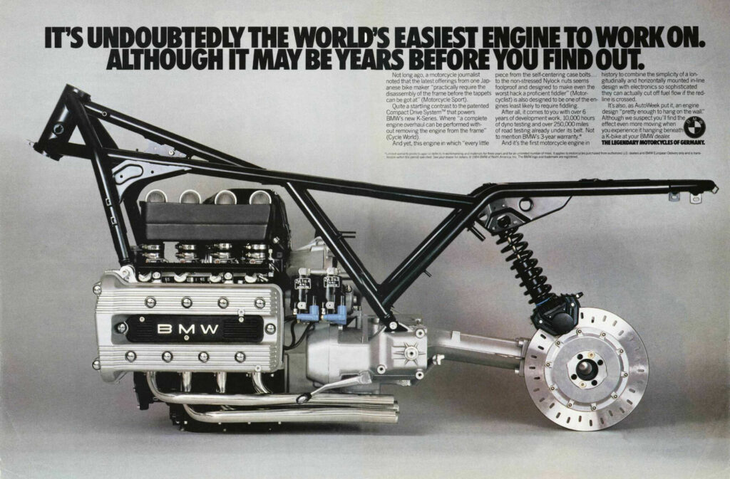 An ad for the BMW K100 4-cylinder from circa 1983. BMW photo.